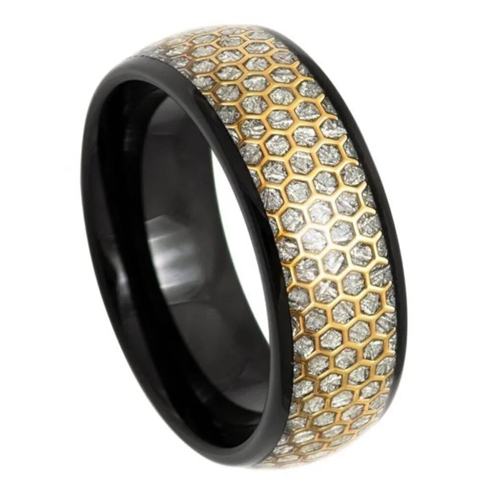 8MM DOME BLACK IP WITH HONEYCOMB TUNGSTEN RING